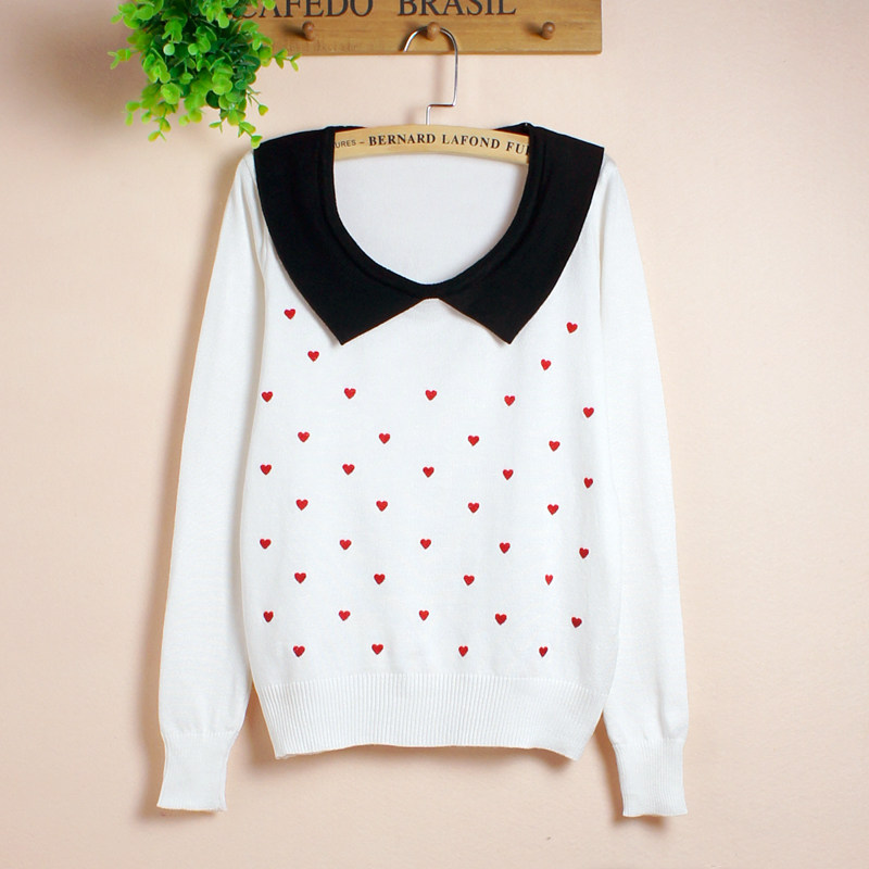 心形图案翻领长袖针织衫心点点白色毛衣彼得潘领打底修身毛衫女装