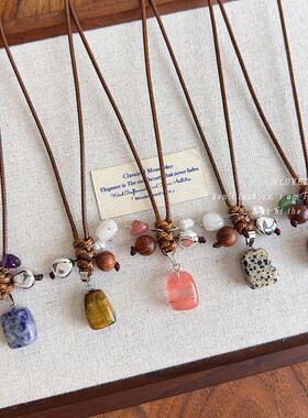 复古民族风简约几何石头吊坠项链木珠线绳抽拉式编织长款毛衣链