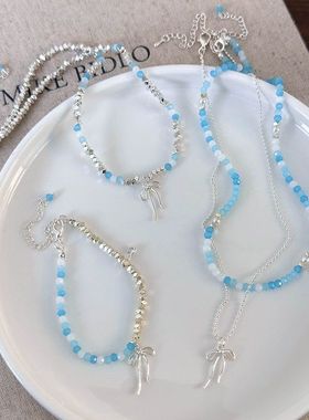 轻奢小众蓝色串珠碎银子海蓝色珍珠蝴蝶结项链女夏锁骨链2026新款