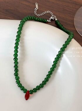网红同款中式复古绿色串珠项链红色雨滴choker国潮显白锁骨链配饰