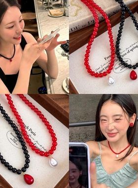小众复古红色串珠项链女2025年新款轻奢高级感珍珠锁骨链百搭颈链