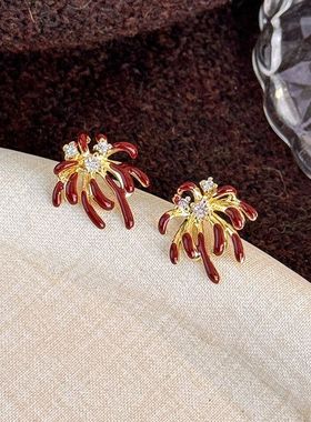 新款红色烟花锆石耳环秋冬好看独特小众耳钉2025爆款轻奢高级耳饰