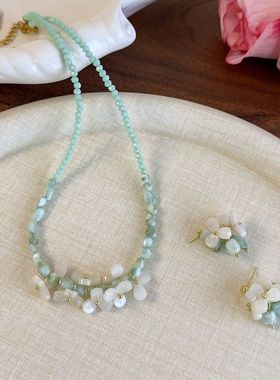 春夏清新曼波色调薄荷香草项链法式清冷感串珠耳钉耳饰锁骨链饰品