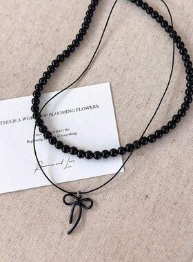 甜酷风黑色蝴蝶结串珠叠戴项链甜美纯欲小众百搭暗色系项链锁骨链