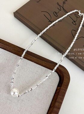 不规则碎银子形状珍珠吊坠项链女设计感锁骨链简约轻奢气质脖颈链