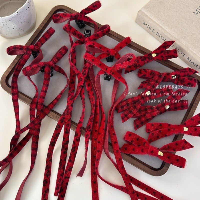 红色格子豹纹毛绒布艺蝴蝶结鸭嘴夹小抓夹公主风蝴蝶结刘海夹发卡