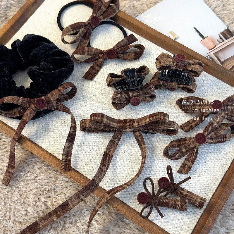 韩版新款复古锈红英伦风蝴蝶结飘带发夹双马尾发圈少女发绳发饰品