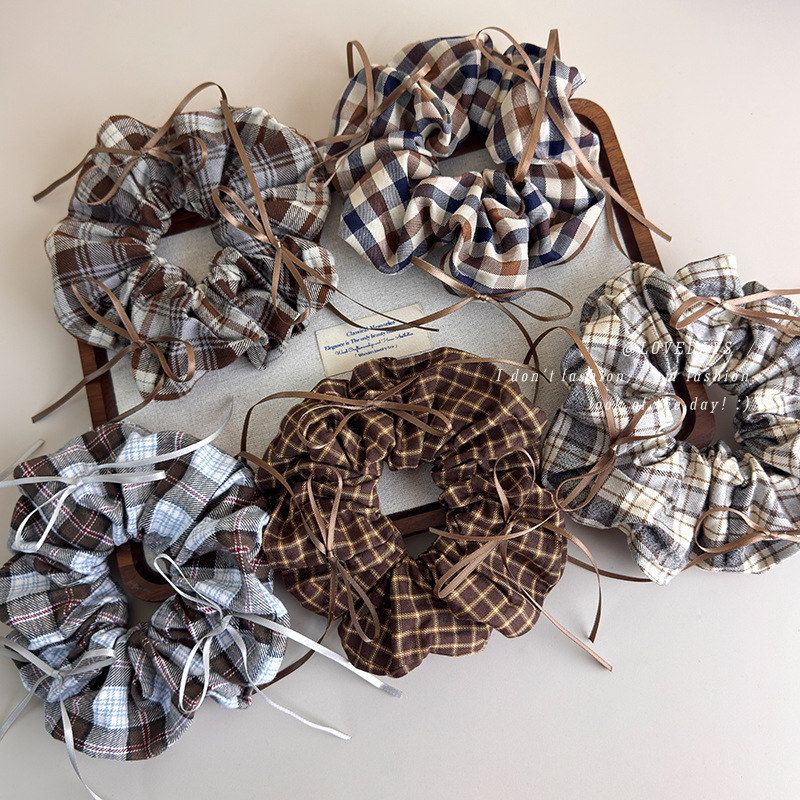 慵懒风美拉德色系格纹蝴蝶结大肠发圈咖色布艺扎丸子头低马尾发绳