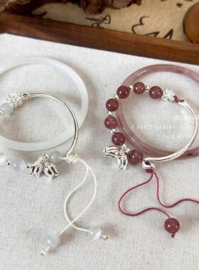 新中式国风铃兰花平安锁猫眼石半镯手链女轻奢小众清冷感气质手镯