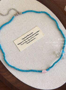 夏日多巴胺清爽花朵蓝色串珠项链百搭ins锁骨链显白韩系小众颈链