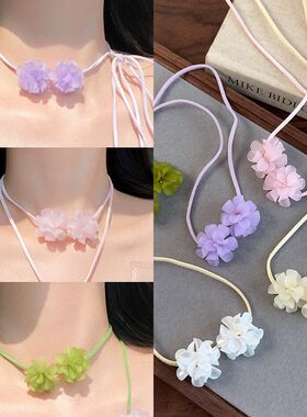 森系彩色山茶花颈链女小清新甜美可爱绑带choker项圈颈带春夏项链