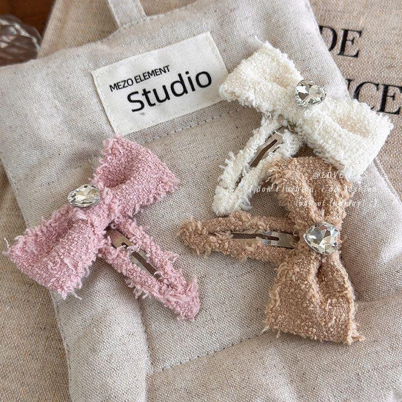 毛绒感蝴蝶结BB夹爱心水钻侧边发卡公主刘海夹少女粉色刘海夹发饰