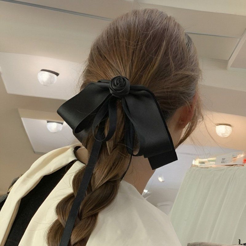 韩国复古黑色山茶花飘带发夹2025新款后脑勺蝴蝶结盘发头饰顶夹女