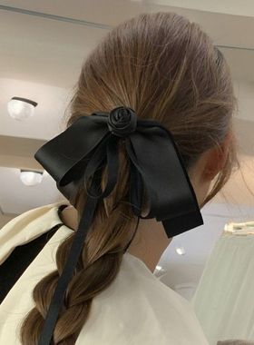 韩国复古黑色山茶花飘带发夹2025新款后脑勺蝴蝶结盘发头饰顶夹女