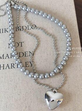 韩版ins风银色爱心珍珠项链女轻奢小众长款心形吊坠2026新款配饰