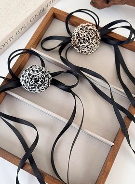 黑色蝴蝶结飘带豹纹花朵发绳女高级感丸子头马尾头绳2025新款发饰