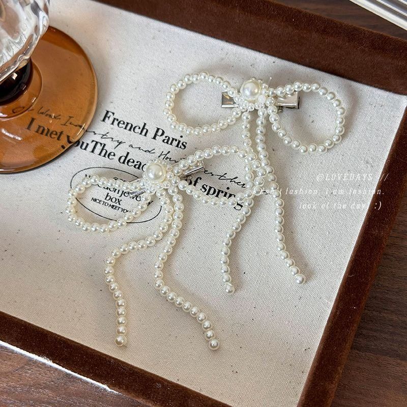 甜美气质蝴蝶结珍珠发夹侧边夹刘海碎发卡后脑勺网红鸭嘴夹子头饰