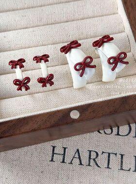 复古撞色安可拉红色蝴蝶结耳环女韩版C型耳圈耳钉甜美气质耳饰潮