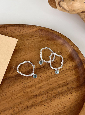 春夏新款蓝色水晶串珠戒指弹力戒时尚个性简约食指戒百搭叠戴指环