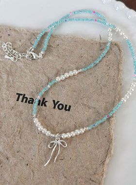 夏日清凉色系短款项链蓝色串珠珍珠蝴蝶结锁骨链海边珍珠颈链配饰