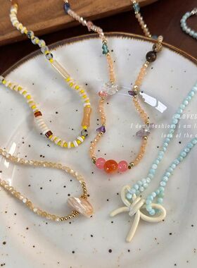 彩色天然石贝壳猫眼串珠项链女2026新款小众复古锁骨链高级感项饰