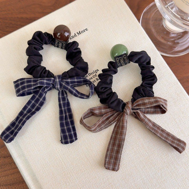 英伦学院风格子条纹蝴蝶结发圈发绳复古低马尾头绳球球皮筋发饰品