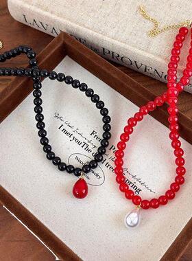 小众复古红色串珠项链女2025年新款轻奢高级感珍珠锁骨链百搭颈链