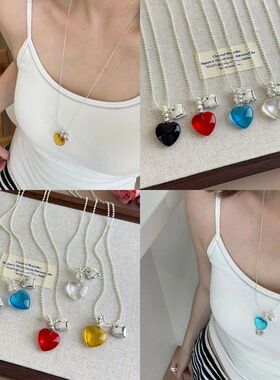 韩国博主同款夏日多巴胺彩色爱心吊坠项链女抽拉可调节长款锁骨链