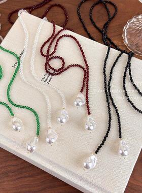 法式复古小众设计异形珍珠黑色水晶项链ins风多种戴法长款锁骨链