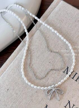 小米珠珍珠项链颈链叠戴银色蝴蝶结锁骨链女2024新款爆款轻奢小众