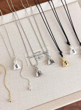 新中式国潮风钱袋子吊坠项链高级质感立体滴油可抽拉项链长款配饰