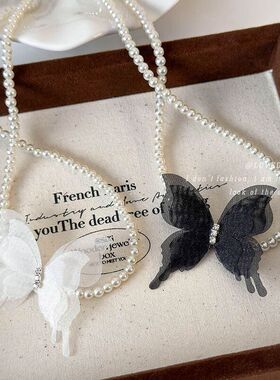 新款绝美仙气薄纱立体蝴蝶珍珠颈链简约气质网红短款颈链锁骨链女