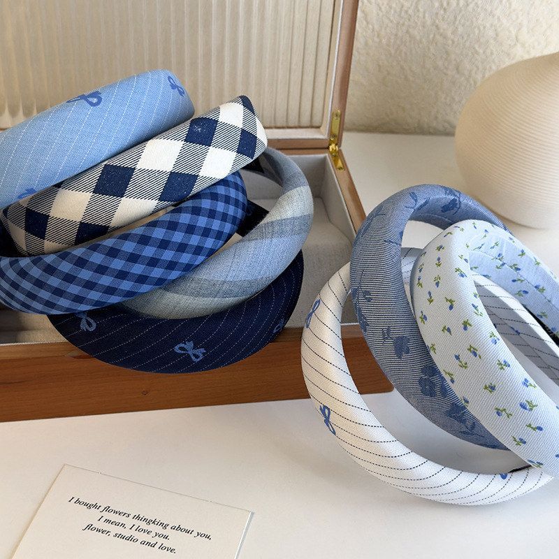 蓝色系格纹蝴蝶结海绵发箍女生学院风高颅顶头箍2025新款宽边头箍