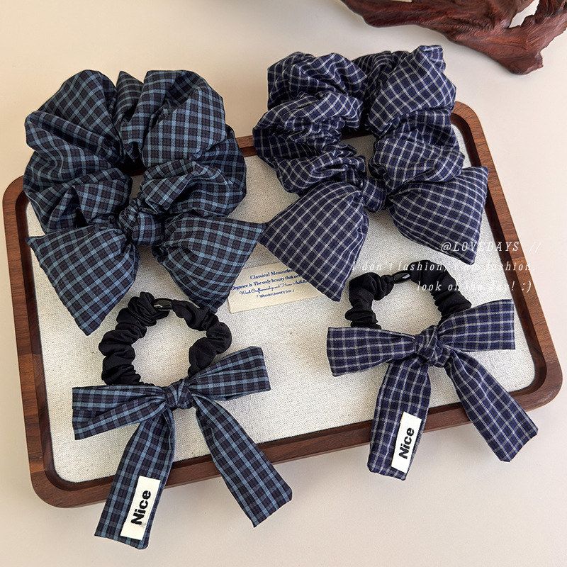 英伦风布艺格子蝴蝶结发圈复古学院风立体褶皱发绳头绳皮筋发饰