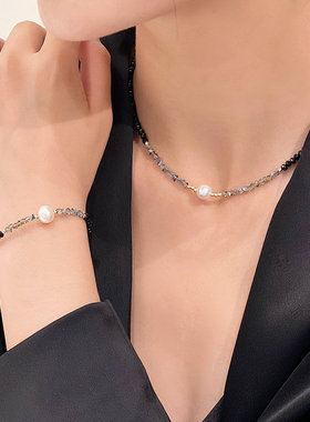 黑色小众设计感淡水珍珠韩国同款