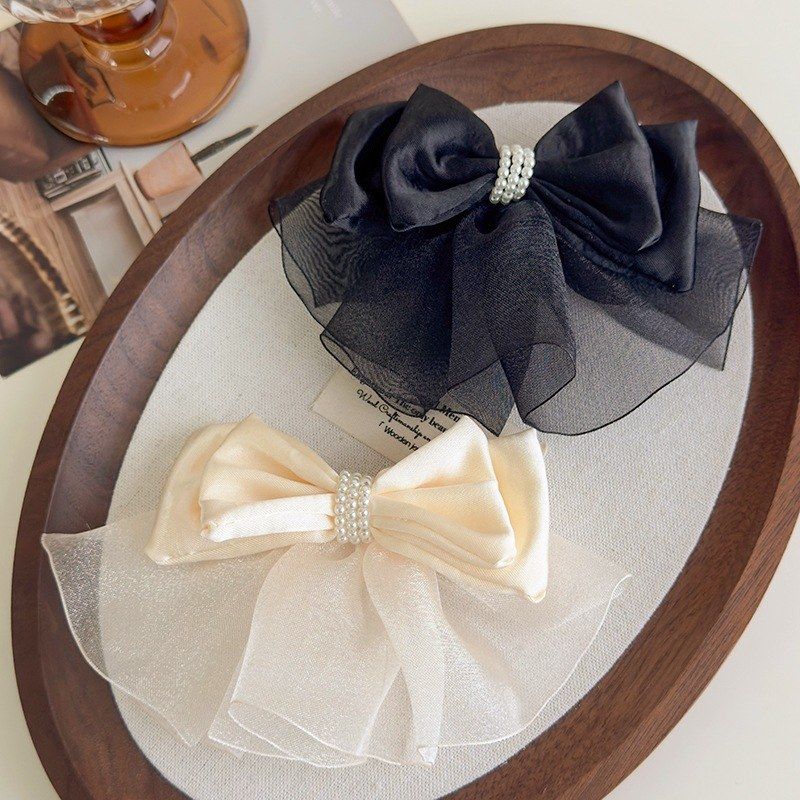 缎面欧根纱蝴蝶结顶夹后脑勺弹簧夹仙气飘飘气质发夹珍珠夹子头饰