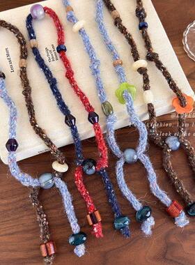 复古针织毛线串珠抽拉项链女2025新款独特设计毛衣链个性挂脖配饰