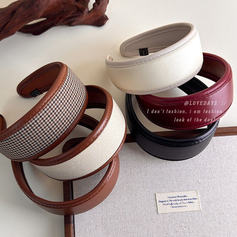 复古皮质宽边千鸟格发箍女2025法式高颅顶百搭包边日常外戴头箍