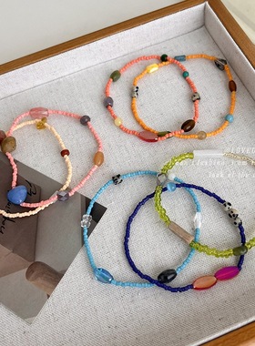 甜美简约新中式彩色天然石米珠叠戴手链小众设计俏皮水晶手串手链