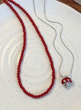 蘑古力红蘑菇串珠项链长款项链女