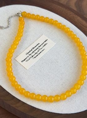 新中式黄色玻璃仿玉圆珠串珠项链复古简约锁骨链颈链拍照搭配配饰