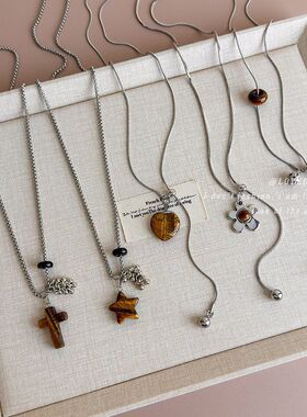 秋冬虎眼石花朵爱心抽拉项链女小众长款毛衣链日常百搭复古配饰新