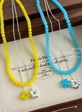 彩色玻璃珠串珠花朵吊坠双层项链女小众清新百搭气质叠戴锁骨链