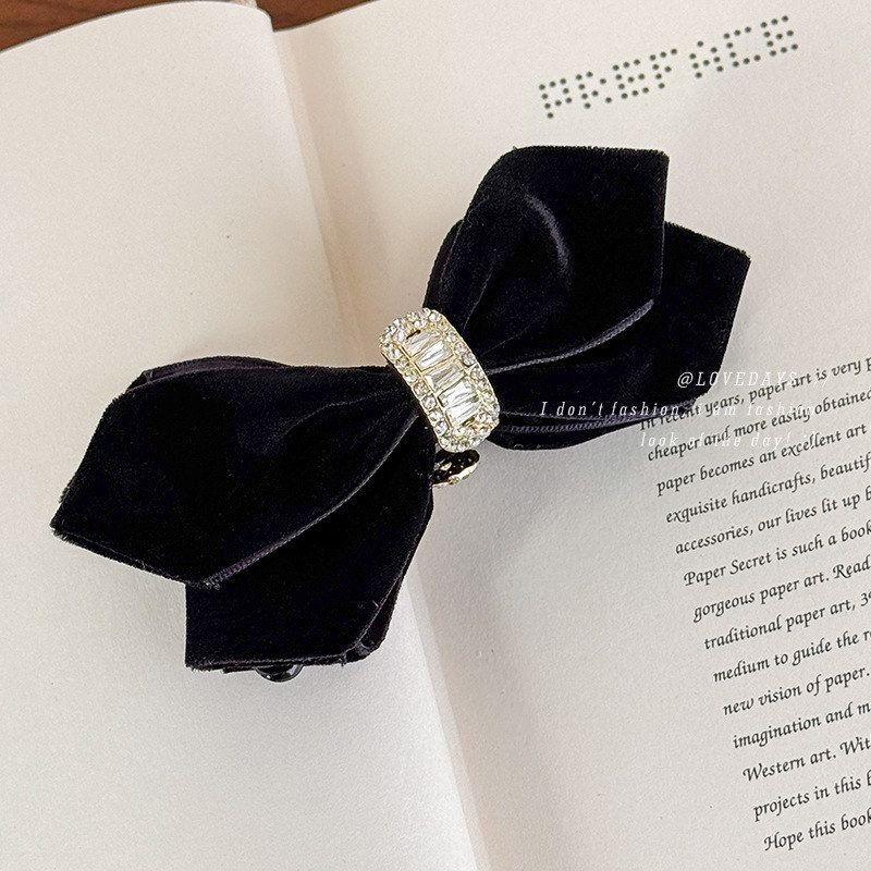 2025秋冬新款黑色丝绒蝴蝶结香蕉夹竖夹扎高马尾头饰发夹女抓夹