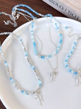 轻奢小众蓝色串珠碎银子海蓝色珍珠蝴蝶结项链女夏锁骨链2024新款