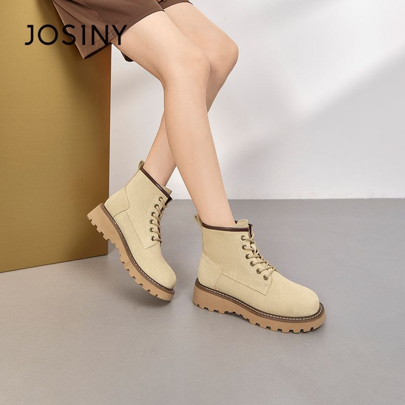 卓诗尼真皮女鞋牛反绒马丁靴女秋冬新款粗跟短靴女英伦百搭棉靴子