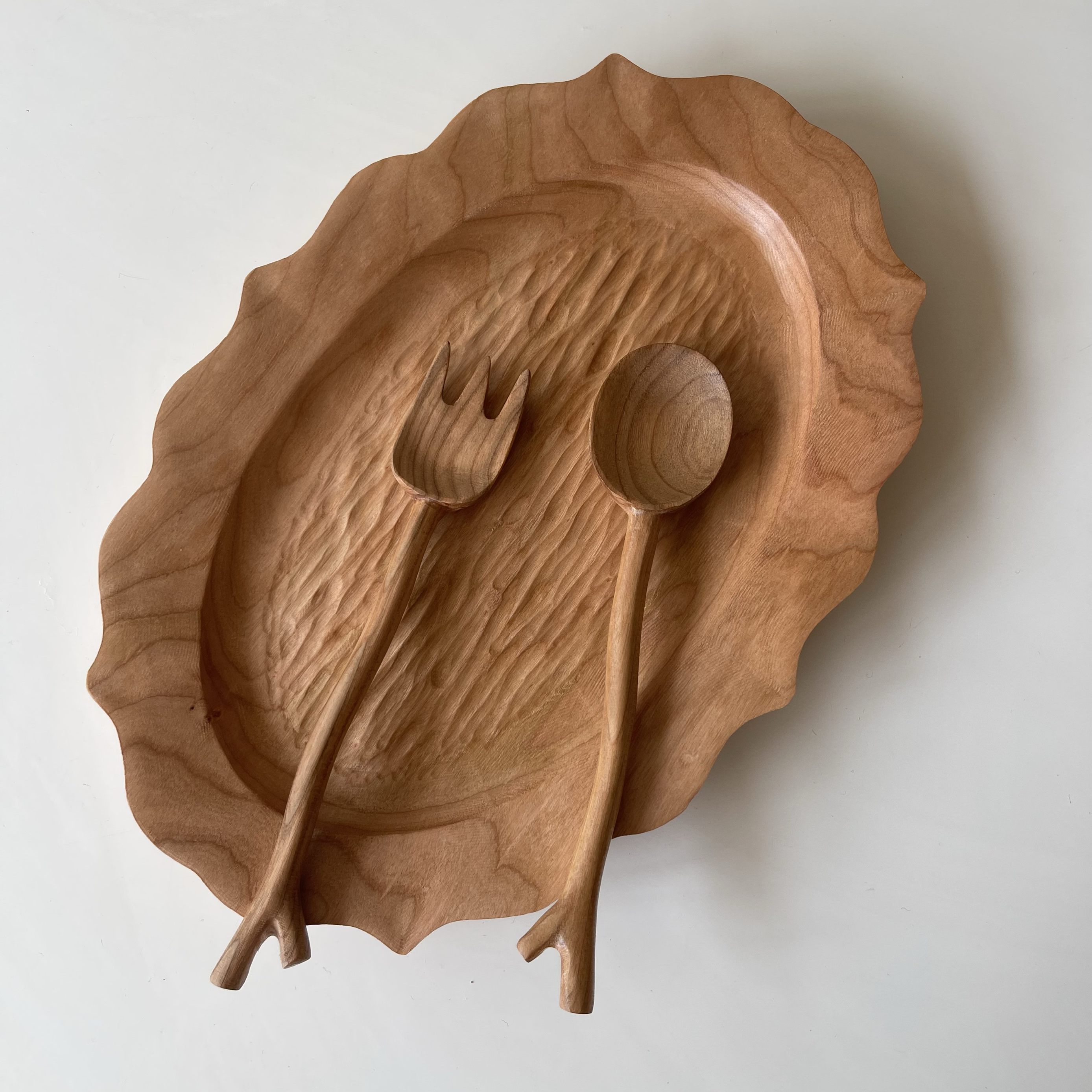 樱桃木手工整木雕刻木树枝造型木勺木叉手工勺整木雕刻