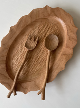 樱桃木手工整木雕刻木树枝造型木勺木叉手工勺整木雕刻