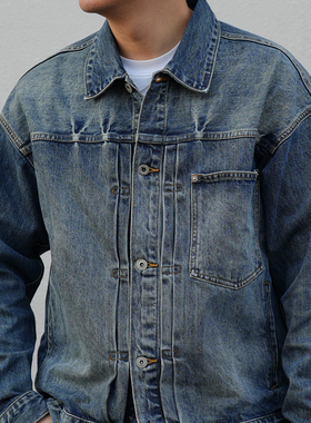 YONDER REALM25AW14oz复古水洗牛仔外套男士做旧丹宁夹克通勤宽松