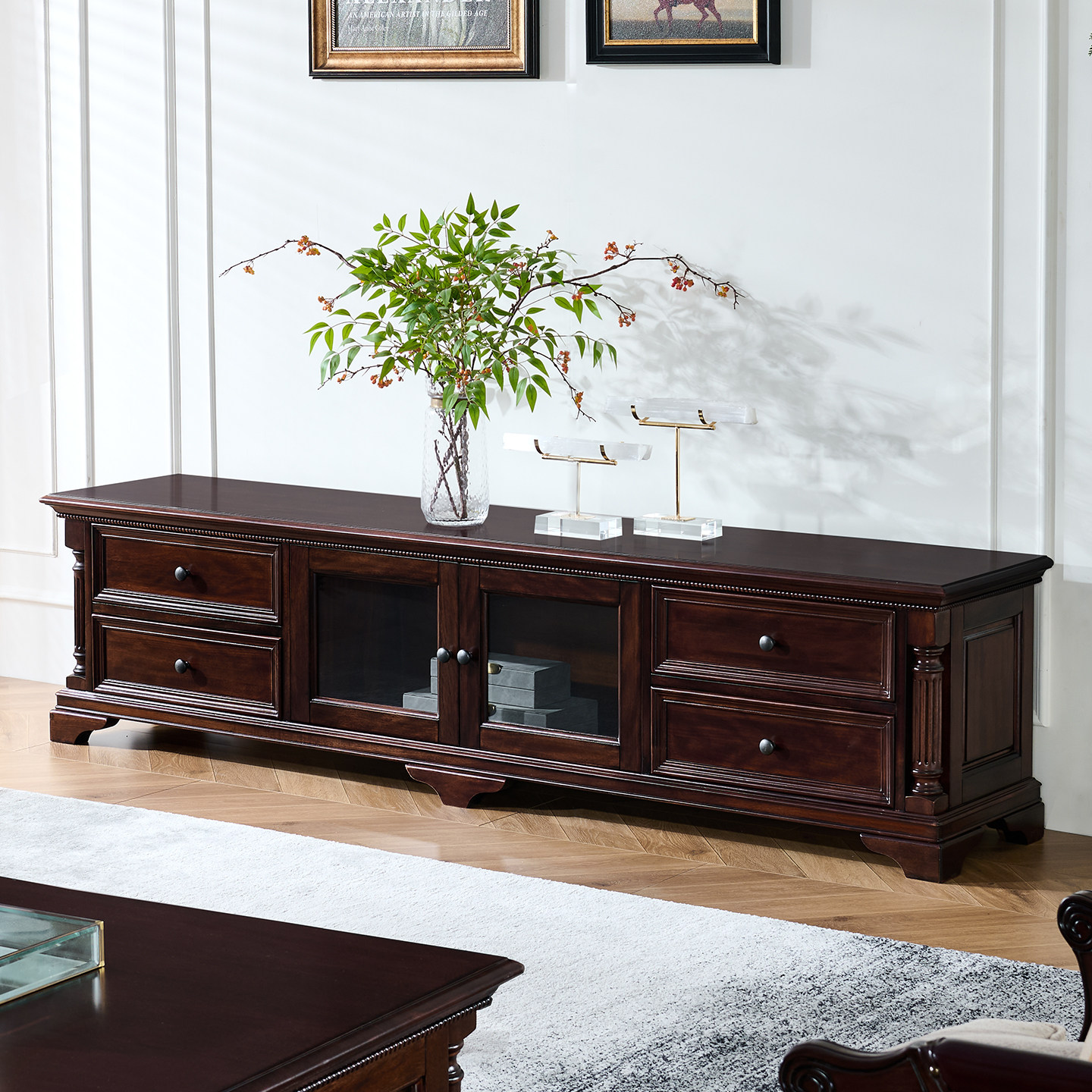 美式复古实木电视柜茶几组合纯实木复古家具2米2酒柜地柜组合高低